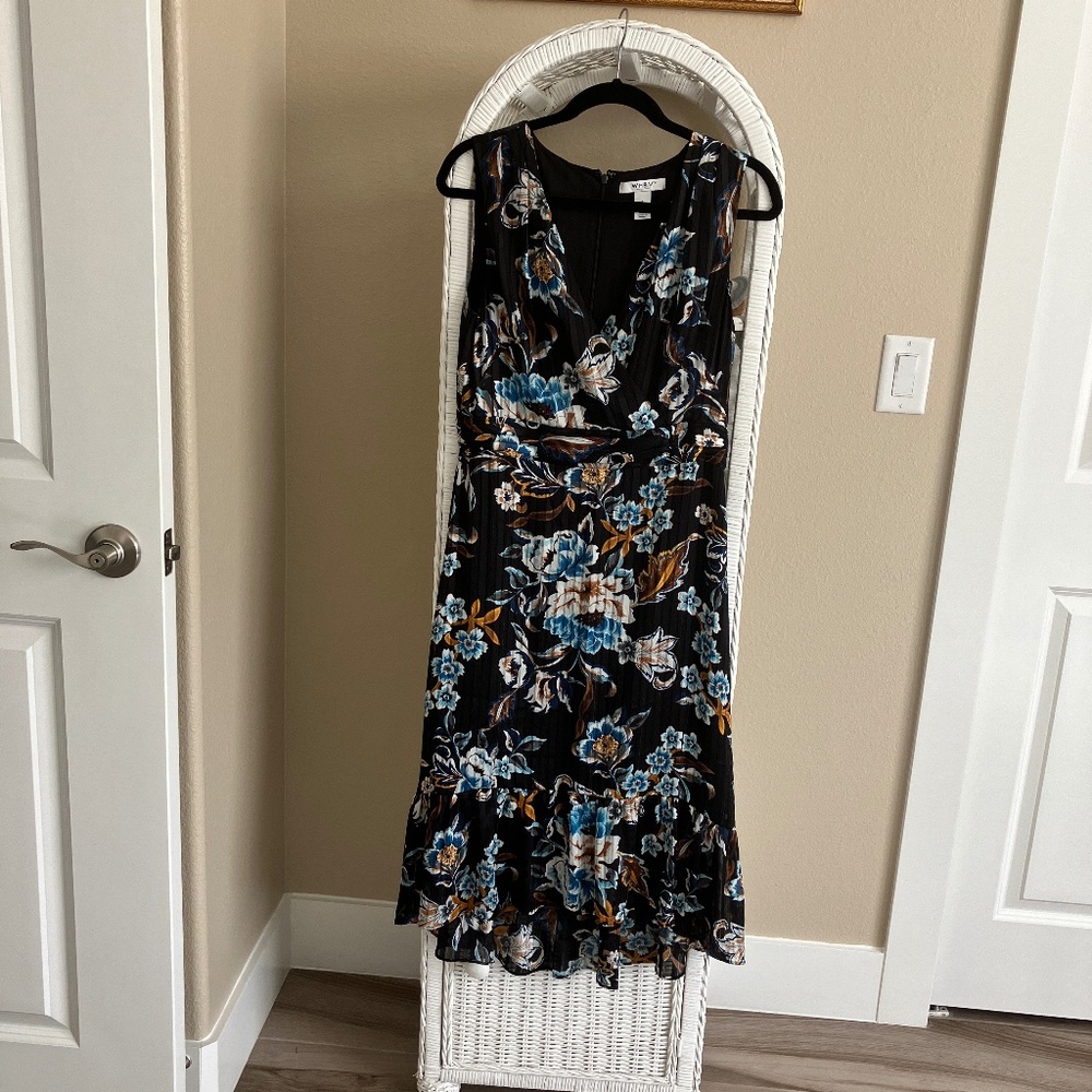 WHBM, Size 8 V-Necked, Sleeveless Dress, Black w/Blue and Yellow Flowers